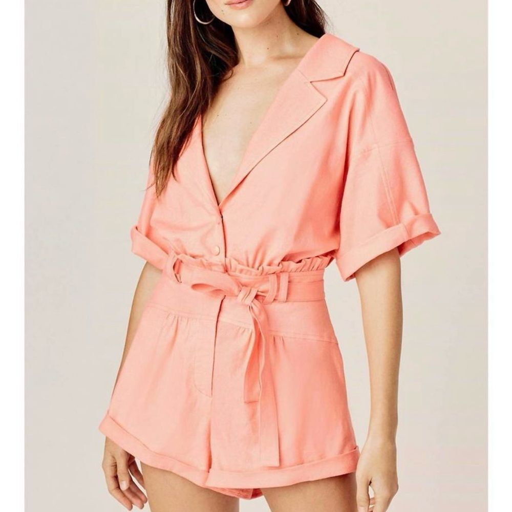 For Love & Lemons Millie Romper One Piece Linen Blend Stretch in Mango Size XS